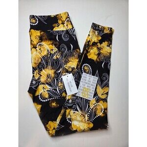 LuLaRoe OS One Size 2-10 Leggings BLACK WITH YELLOW FLORAL Print Buttery Soft